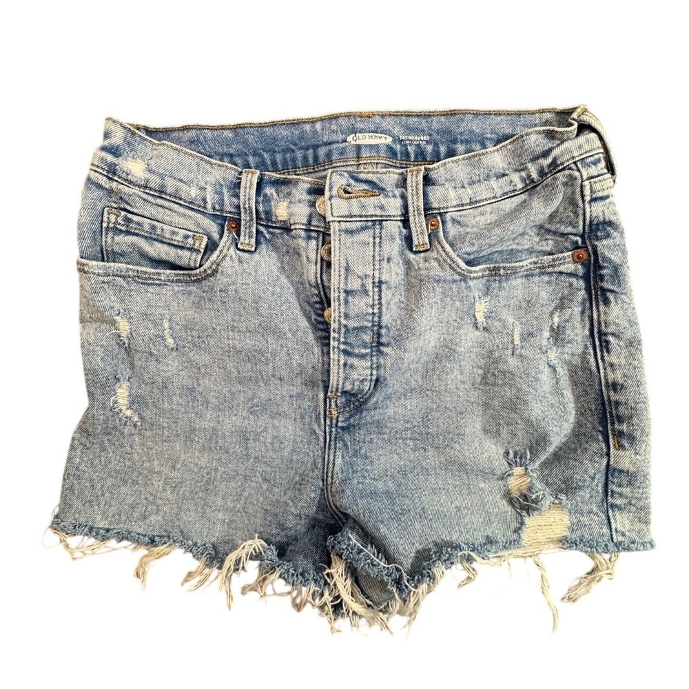 Old Navy Sky-Hi Shorts Womens 8 Light Wash Distressed Extra High Rise Button Fly